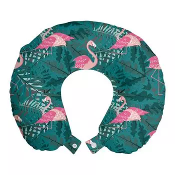 ABAKUHAUS Дорожная подушка Flamingo, поддержка шеи, тропические птицы на листьях, пенопластовый дорожный предмет для самолета и автомобиля, 30x30 см, бирюзовый и розовый