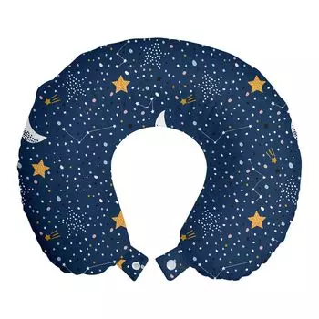 ABAKUHAUS Дорожная подушка Night Sky, поддержка шеи, Doodle Style Moon Star, пенопластовые дорожные принадлежности для самолета и автомобиля, 30x30 см, темно-синие бархатцы