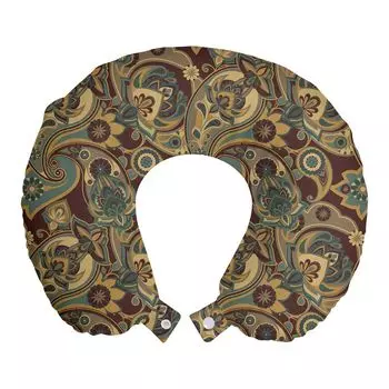 ABAKUHAUS Дорожная подушка Paisley, поддержка шеи, персидские цветочки хиппи, дорожная вещь из пенопласта для самолета и автомобиля, 30x30 см, песочно-коричневый шоколад