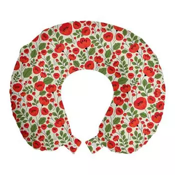 ABAKUHAUS Дорожная подушка Poppy, поддержка шеи, натуральная ретро-композиция, дорожный предмет из пенопласта для самолета и автомобиля, 30x30 см, зеленый, красный, бежевый