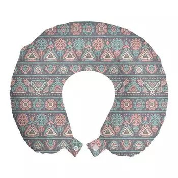 ABAKUHAUS Дорожная подушка с мексиканским принтом, поддержка шеи, этнические пастельные тона, пенопластовые дорожные принадлежности для самолета и автомобиля, 30x30 см, Бледно-баклажаново-коралловый