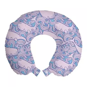 ABAKUHAUS Дорожная подушка Whale, поддержка шеи, волнистые мотивы и счастливые рыбки, дорожная вещь из пенопласта для самолета и автомобиля, 30x30 см, Небесно-голубой бледно-лиловый