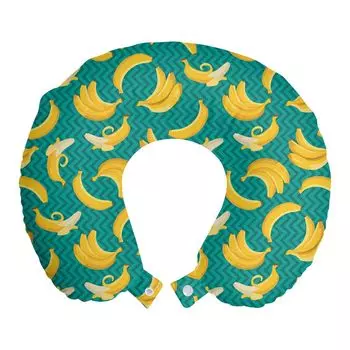 ABAKUHAUS Дорожная подушка Zigzags, поддержка шеи, Tropic Banana Fruits art, пенопластовый дорожный предмет для самолета и автомобиля, 30х30 см, горчичный и бирюзовый