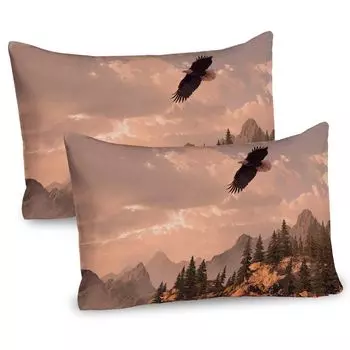 ABAKUHAUS Eagle, набор из 2 чехлов для подушек, фотографии природы Скалистых гор и леса с летающим над ним белоголовым орланом, чехол для подушки с декоративным принтом, 80x40 см, розово-зеленый