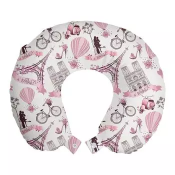 ABAKUHAUS Eiffel Tower Travel Pillow Подушка для шеи, Медовый месяц в Париже, пенопластовые дорожные принадлежности для самолета и автомобиля, 30x30 см, Белый Розовый