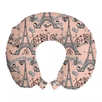 ABAKUHAUS Eiffel Travel Pillow Подушка для шеи, персонажи в стиле ретро, пенопластовые дорожные принадлежности для самолета и автомобиля, 30x30 см, Бледно-лососевый, черный, белый