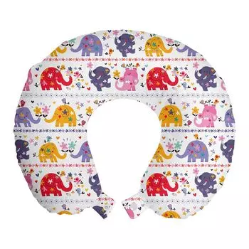 ABAKUHAUS Elephant Travel Pillow Подушка для шеи, Танцующие слоны с цветочным рисунком, Пенопластовые дорожные принадлежности для самолета и автомобиля, 30x30 см, Разноцветные