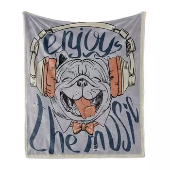 ABAKUHAUS Enjoy the Music Мягкое фланелевое флисовое одеяло, «Собака в наушниках», уютный плюш для использования в помещении и на улице, 125 x 175 см, серо-желтый потолок, синий, серый