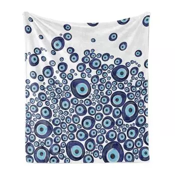 ABAKUHAUS Evil Eye Мягкое фланелевое флисовое одеяло, рисунок из бисера Luck Glass на однотонном фоне, 175 x 230 см, Темно-синий Светло-синий