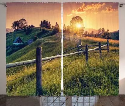 ABAKUHAUS Европейская деревенская штора, Morning Sunbeams Sky, Ленточная штора с рюшами для спальни, петлями и крючками, 280 x 245 см, Зеленый папоротник желтый