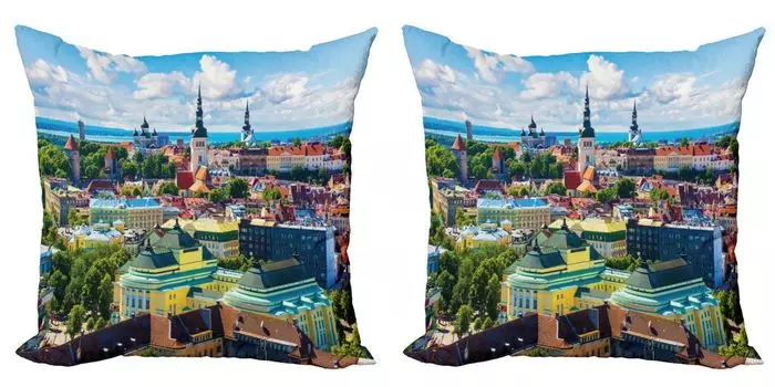 ABAKUHAUS Европейский комплект чехлов для подушек (2 шт.), Город Таллинн, Эстония, Двусторонняя цифровая печать, декор на молнии, 50 см, Разноцветные