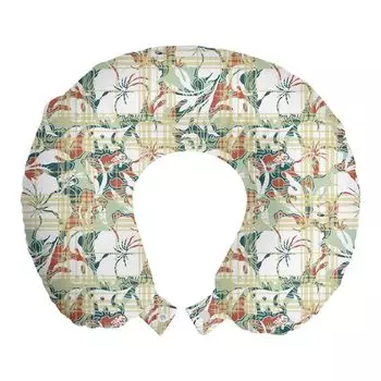 ABAKUHAUS Exotic Travel Pillow Neck Support, Pastel Tartan Hibiscus Art, Пенопластовый дорожный предмет для самолета и автомобиля, 30x30 см, Светло-зеленый Темно-лососевый