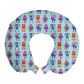 ABAKUHAUS Extraterrestrial Travel Pillow Подушка для шеи, разноцветные забавные фигурки роботов, предметы из пенопласта для путешествий в самолете и автомобиле, 30x30 см, светло-голубые и разноцветные