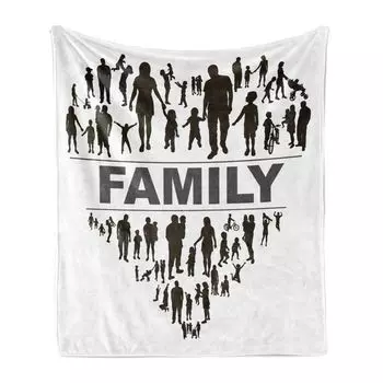 ABAKUHAUS Family Мягкое фланелевое флисовое одеяло, члены счастливой семьи, силуэты людей в форме сердца, 175 x 230 см, темно-коричневый белый серый