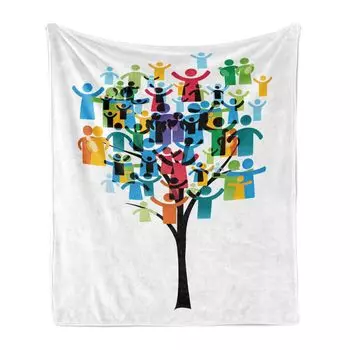 ABAKUHAUS Family Мягкое фланелевое флисовое одеяло, Happy People Tree Art Design, уютный плюш для использования в помещении и на улице, 125 x 175 см, разноцветное