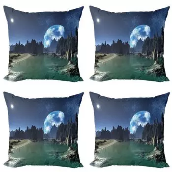 ABAKUHAUS Fantasy Набор чехлов для подушек (4 предмета), Earth from Alien Shores, современная двусторонняя цифровая печать, 40 x 40 см, темно-синий нефритовый зеленый