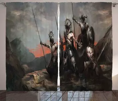 ABAKUHAUS Fantasy Рустикальная штора, средневековый рисунок, универсальные ленточные шторы для гостиной с петлями и крючками, 280 x 260 см, серо-оранжевый