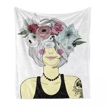 ABAKUHAUS Fashion Мягкое фланелевое флисовое одеяло, милые стилизованные девушки-хипстеры с татуировками в цветочном головном уборе, 175 x 230 см, бледно-желтые разноцветные