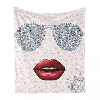 ABAKUHAUS Fashion Мягкое фланелевое флисовое одеяло, ромбовидные очки и губы, уютный плюш для использования в помещении и на открытом воздухе, 125 x 175 см, румяный и разноцветный, мультиколор
