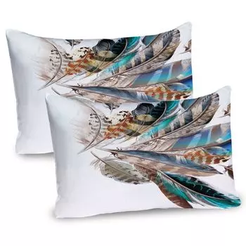 ABAKUHAUS Feathers Чехлы для подушек, набор из 2 шт., этническая кожа животного, элемент птичьего пера, легкость, вдохновляющая иллюстрация, чехол для подушки с декоративным принтом, 80 x 40 см, бирюзово-коричневый