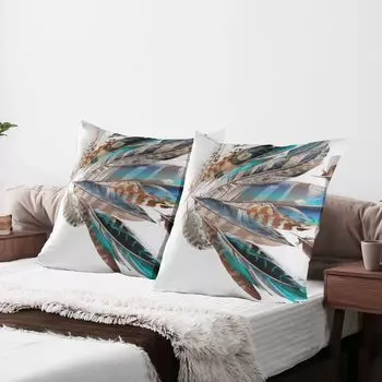 ABAKUHAUS Feathers Чехлы для подушек, набор из 2 шт., этническая кожа животного, элемент птичьего пера, легкость, вдохновляющая иллюстрация, чехол для подушки с декоративным принтом, 80 x 80 см, бирюзово-коричневый