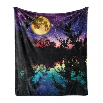 ABAKUHAUS Фиолетовое мягкое фланелевое флисовое одеяло, Night Sky Trees, уютный плюш для использования в помещении и на улице, 125 x 175 см, фиолетово-розовый и синий, фиолетовый