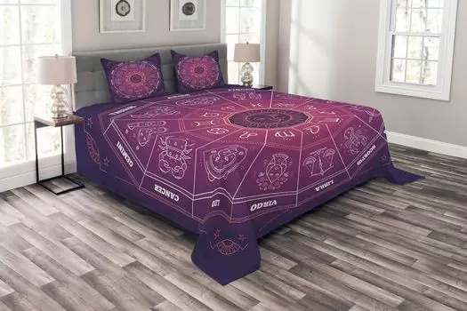 ABAKUHAUS Фиолетовый комплект покрывала, разноцветные знаки зодиака, моющиеся наволочки, для односпальных кроватей 220 х 220 см, фиолетовый