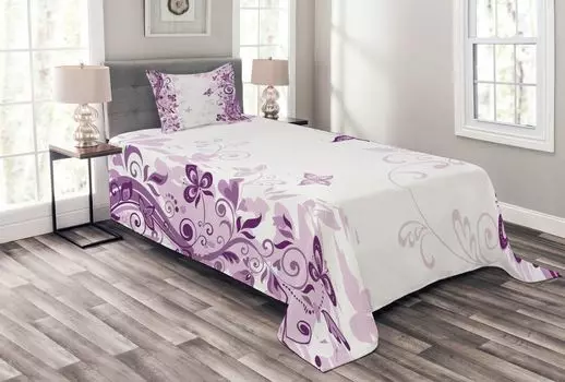 ABAKUHAUS Фиолетовый комплект покрывала, Swirling Flowers Wild, комплект с моющимися наволочками, для односпальных кроватей 170 x 220 см, фиолетовый