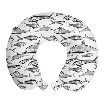 ABAKUHAUS Fish Travel Подушка для шеи, Эскиз подводной жизни, пенопластовые дорожные принадлежности для самолета и автомобиля, 30x30 см, Угольно-серый белый