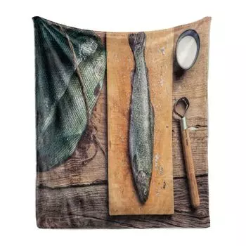ABAKUHAUS Fishing Theme Мягкое фланелевое флисовое одеяло, свежевыловленная форель, уютный плюш для использования в помещении и на улице, 125 x 175 см, разноцветный