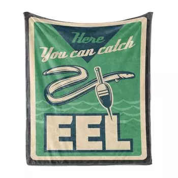ABAKUHAUS Fishing Theme Мягкое фланелевое флисовое одеяло, Catch Eel Retro, уютный плюш для использования в помещении и на улице, 125 x 175 см, яичная скорлупа и нефритовый зеленый цвет
