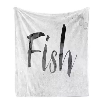 ABAKUHAUS Fishing Theme Мягкое фланелевое флисовое одеяло, акварельное слово «рыба», уютный плюш для использования в помещении и на улице, 125 x 175 см, темно-серый светло-серый