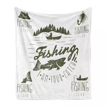 ABAKUHAUS Fishing Theme Мягкое фланелевое флисовое одеяло, символ рыболовного клуба «Я твой улов» с рыбными деревьями и изображениями лодок, 175 x 230 см, армейский зеленый белый