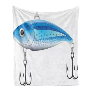 ABAKUHAUS Fishing Theme Мягкое фланелевое флисовое одеяло, элементы рыбалки с искусственной приманкой и крючками на однотонном фоне, 175 x 230 см, небесно-голубой белый