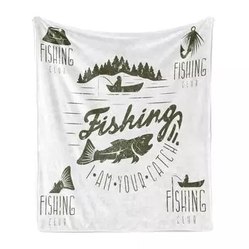 ABAKUHAUS Fishing Theme Мягкое фланелевое флисовое одеяло, символ рыболовного клуба, уютный плюш для использования в помещении и на открытом воздухе, 125 x 175 см, армейский зеленый белый