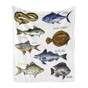 ABAKUHAUS Fishing Theme Мягкое фланелевое флисовое одеяло, различные виды рыб, такие как пикша, угорь, тунец и плотва, с написанными именами, 175 x 230 см, разноцветный белый