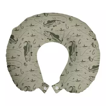 ABAKUHAUS Fishing Travel Pillow Подушка для шеи, Рыбацкая лодка и форель, Пенопластовые дорожные принадлежности для самолета и автомобиля, 30x30 см, Twilight Army Green