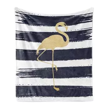 ABAKUHAUS Flamingo Мягкое фланелевое флисовое одеяло, милый золотисто-желтый дизайн в стиле фламинго с фоном из мазков кисти, 175 x 230 см, темно-синий горчично-белый