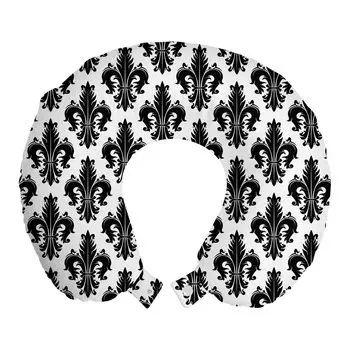 ABAKUHAUS Fleur De Lis Дорожная подушка для шеи, узор королевской лилии, пенопластовый дорожный предмет для самолета и автомобиля, 30x30 см, черный и белый