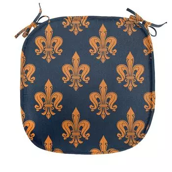 ABAKUHAUS Fleur De Lis Подушка для обеденного стула Викторианская готическая декоративная водонепроницаемая подушка с ремнями для кухонных сидений 40 см x 40 см Темно-синий Оранжевый