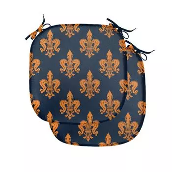 ABAKUHAUS Fleur De Lis Подушка для обеденного стула Викторианская готическая декоративная водонепроницаемая подушка с ремнями для кухонных сидений 40см x 40см Упаковка из 2 шт. Темно-синий Оранжевый