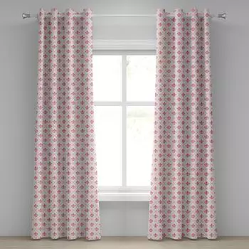 ABAKUHAUS Fleur De Lis Занавеска с люверсами розового цвета с мотивами цветов старой лилии и клетчатым узором Французская геральдика Декоративные 2-панельные оконные шторы 280 см x 260 см Розовый кремовый