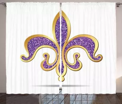 ABAKUHAUS Fleur De Lis Занавеска в деревенском стиле, средневековая, ленточная занавеска с рюшами для спальни, петлями и крючками, 280 x 260 см, золотисто-фиолетовый