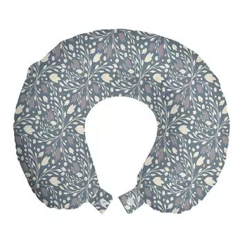 ABAKUHAUS Floral Vintage Travel Pillow Подушка для шеи, приглушенные тона ботаники, пенопластовые дорожные принадлежности для самолета и автомобиля, 30x30 см, фиолетово-синий цвет яичной скорлупы