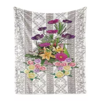 ABAKUHAUS Flower Мягкое фланелевое флисовое одеяло, красочный букет на завитках, уютный плюш для использования внутри и снаружи, 125 x 175 см, теплый темно-серый многоцветный, серо-коричневый
