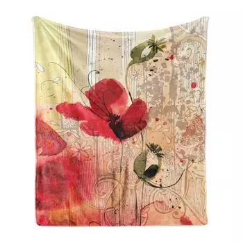 ABAKUHAUS Flower Мягкое фланелевое флисовое одеяло, романтический эффект маковой кисти, бежевый цветочный узор, 175 x 230 см, Разноцветный