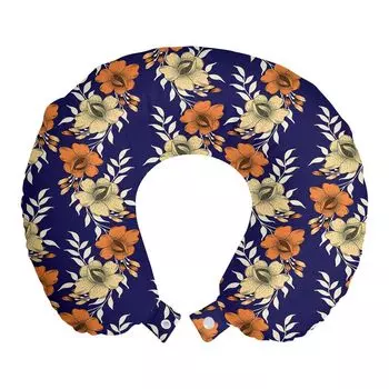 ABAKUHAUS Flowers Дорожная подушка для поддержки шеи, Vintage Classic Industries, пенопластовые дорожные принадлежности для самолета и автомобиля, 30x30 см, темно-оранжевый кремовый и индиго