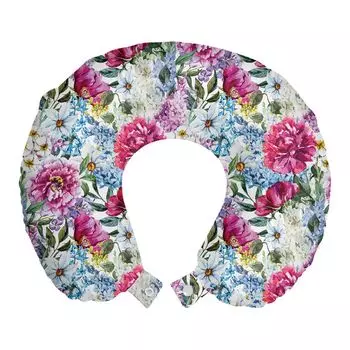 ABAKUHAUS Flowers Дорожная подушка для шеи, Акварельный букет, Пенопластовые дорожные принадлежности для самолета и автомобиля, 30x30 см, Разноцветные