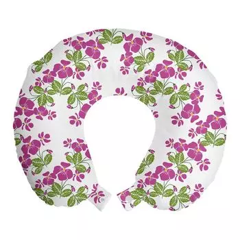 ABAKUHAUS Flowers Дорожная подушка для шеи, Цветение весенних романтических цветов, Пенопластовые дорожные принадлежности для самолета и автомобиля, 30x30 см, Темно-пурпурный, Зеленый, Белый