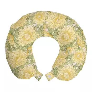 ABAKUHAUS Flowers Дорожная подушка для шеи, Цветочные мотивы хризантемы, Пенопластовые дорожные принадлежности для самолета и автомобиля, 30х30 см, Крем-горчичный